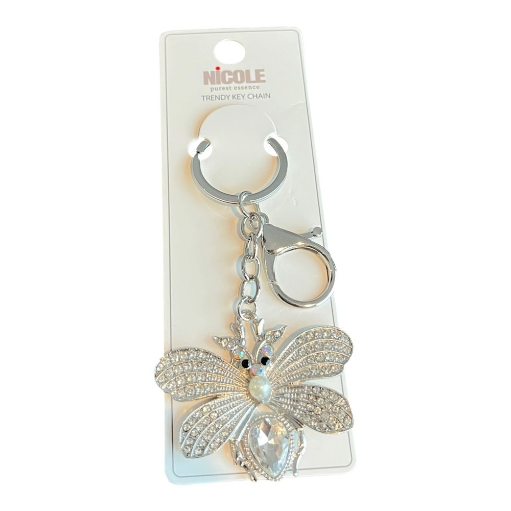 NICOLE Key Chain Women's Silver 4" Rhinestone Crystal Butterfly Bee Charm